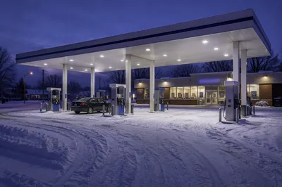 Quiet Winter Gas Station at Blue Hour