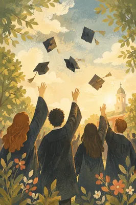 Graduation Caps Soaring Over Spring Campus