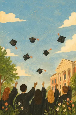 Graduation Caps Soaring Above Campus Lawn