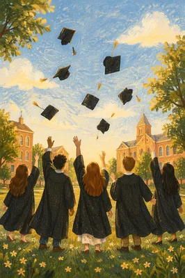 Graduation Caps Flying at Golden Hour