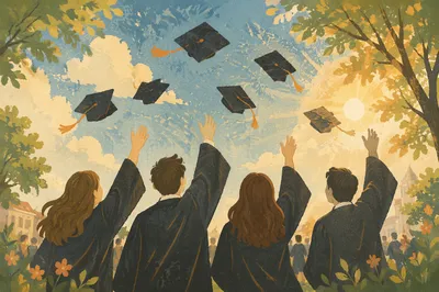 Graduation Caps Rising Over Spring Campus