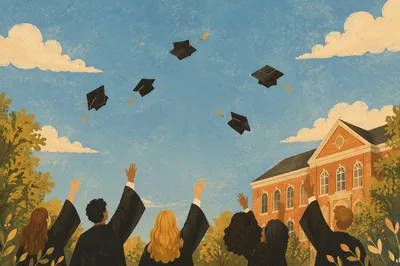 Graduation Caps Flying Over Campus Lawn