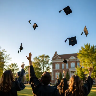 Graduation Caps Soaring Over Sunny Campus Lawn