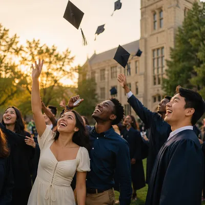 Graduation Caps Flying Above Happy Students
