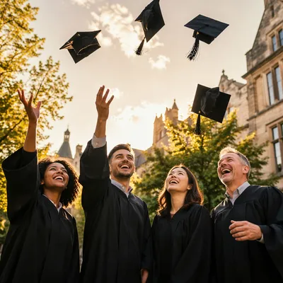 Graduates Throwing Caps in University Courtyard