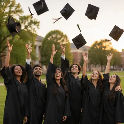 Graduates Throwing Caps on Campus Lawn