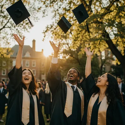 Graduates Throwing Caps on Sunny Campus Lawn