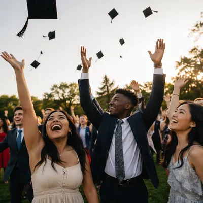 Graduation Caps Flying Over Happy Graduates