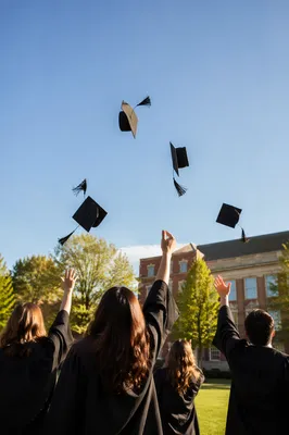 Graduation Caps Tossed Above Campus Lawn
