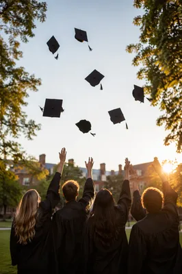 Graduation Caps Tossed at Golden Hour