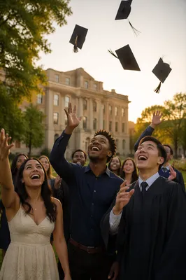 Graduation Caps Tossed Above Celebrating Students