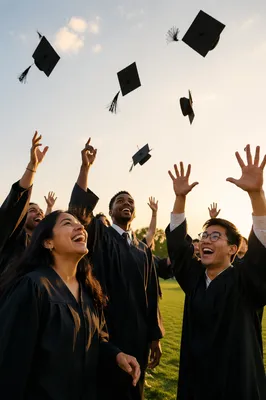Graduates Tossing Caps on Sunny Lawn