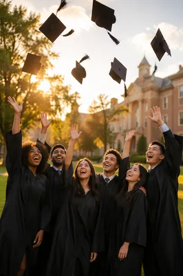 Graduates Throwing Caps on Campus Lawn