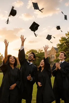 Graduates Tossing Caps at Golden Hour