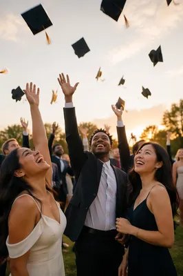 Graduation Caps Flying Above Joyful Students