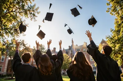 Graduation Caps Tossed at Golden Hour