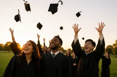 Graduates Throwing Caps on Sunny Lawn