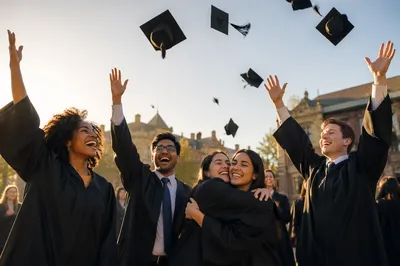 Graduates Throwing Caps in Sunny Courtyard