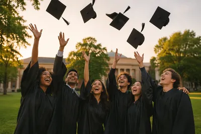 Graduates Throwing Caps on Campus Lawn