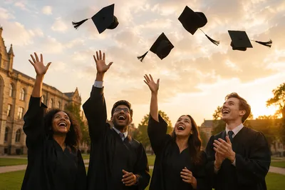 Graduates Tossing Caps at Golden Hour