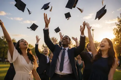 Graduation Caps Flying Over Joyful Students