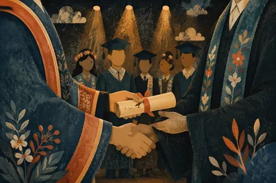 Graduation Diploma Handshake on Dim Stage
