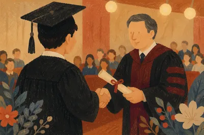 Graduation Handshake on Warm Auditorium Stage