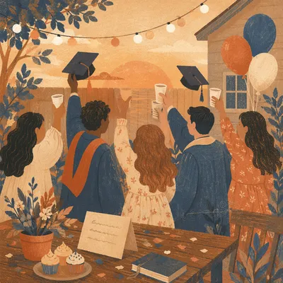 Graduation Friends Celebrating on Golden Patio