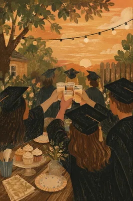 Graduation Friends Toast at Golden Backyard Twilight
