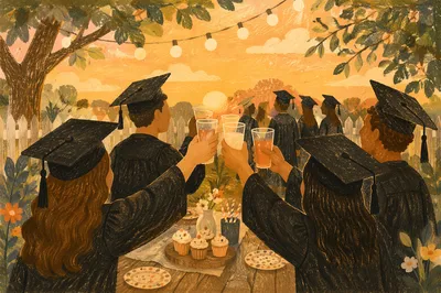 Graduation Friends Toast at Golden Backyard Twilight