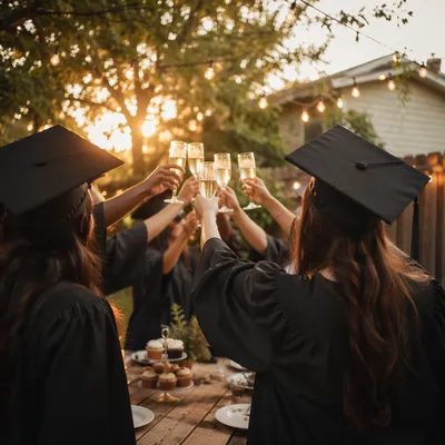 Graduation Friends Toast at Golden Backyard Twilight