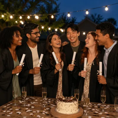 Graduation Friends Celebrating at Evening Backyard Party