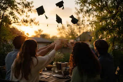 Friends Celebrating Graduation at Golden Hour