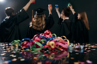 Graduation Party Streamers with Friends Celebrating