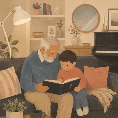 Grandfather and Grandchild Reading Bible Together