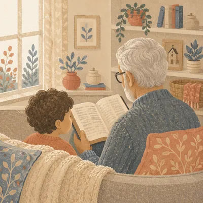 Grandfather and Grandchild Reading Bible Together