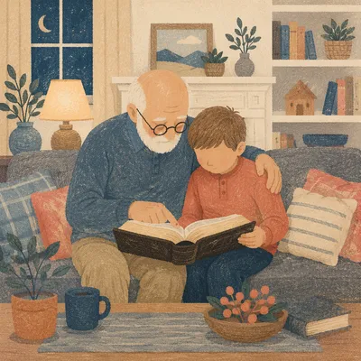 Grandfather and Grandchild Reading Bible at Home