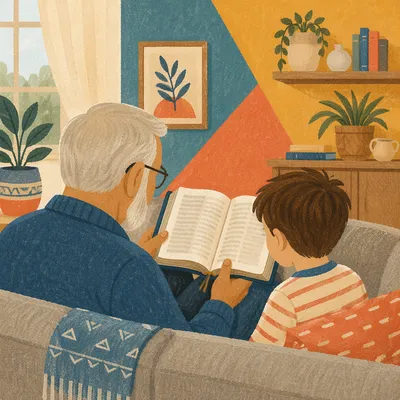 Grandfather and Grandchild Reading Bible at Home
