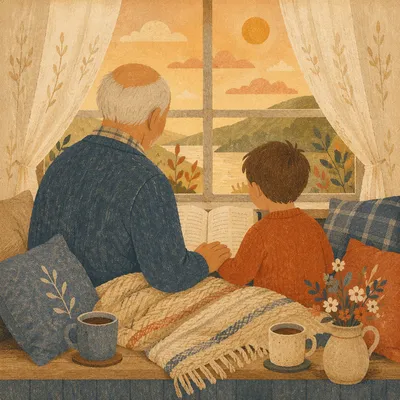 Grandfather and Grandchild Reading Bible at Home