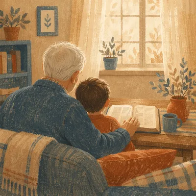 Grandfather and Grandchild Reading Bible Together