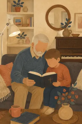 Grandfather and Grandchild Reading Bible Together