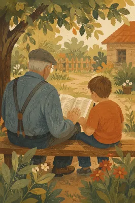 Grandfather and Grandchild Reading Bible in Garden