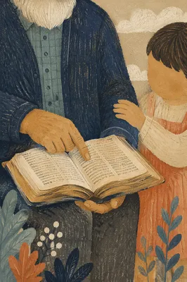Grandfather and Grandchild Reading Bible Outdoors
