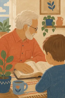Grandfather and Grandchild Reading Bible Together