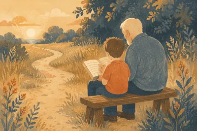 Grandfather and Grandchild Reading Bible Outdoors