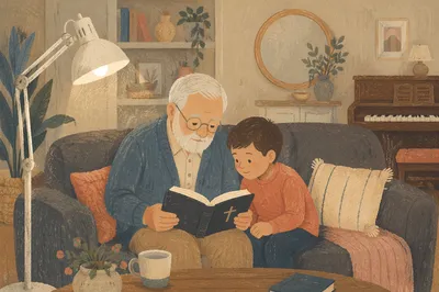 Grandfather and Grandchild Reading Bible Together