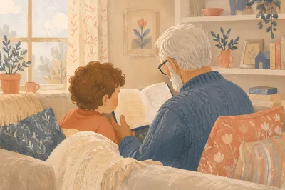 Grandfather and Grandchild Reading Bible Together