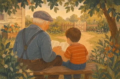 Grandfather and Grandchild Reading Bible in Garden