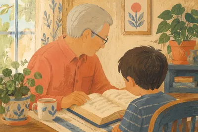 Grandfather and Grandchild Reading Bible at Home