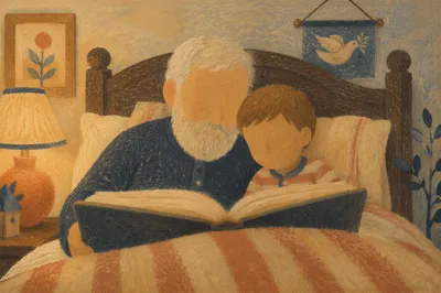 Grandfather and Grandchild Reading Bible in Bed